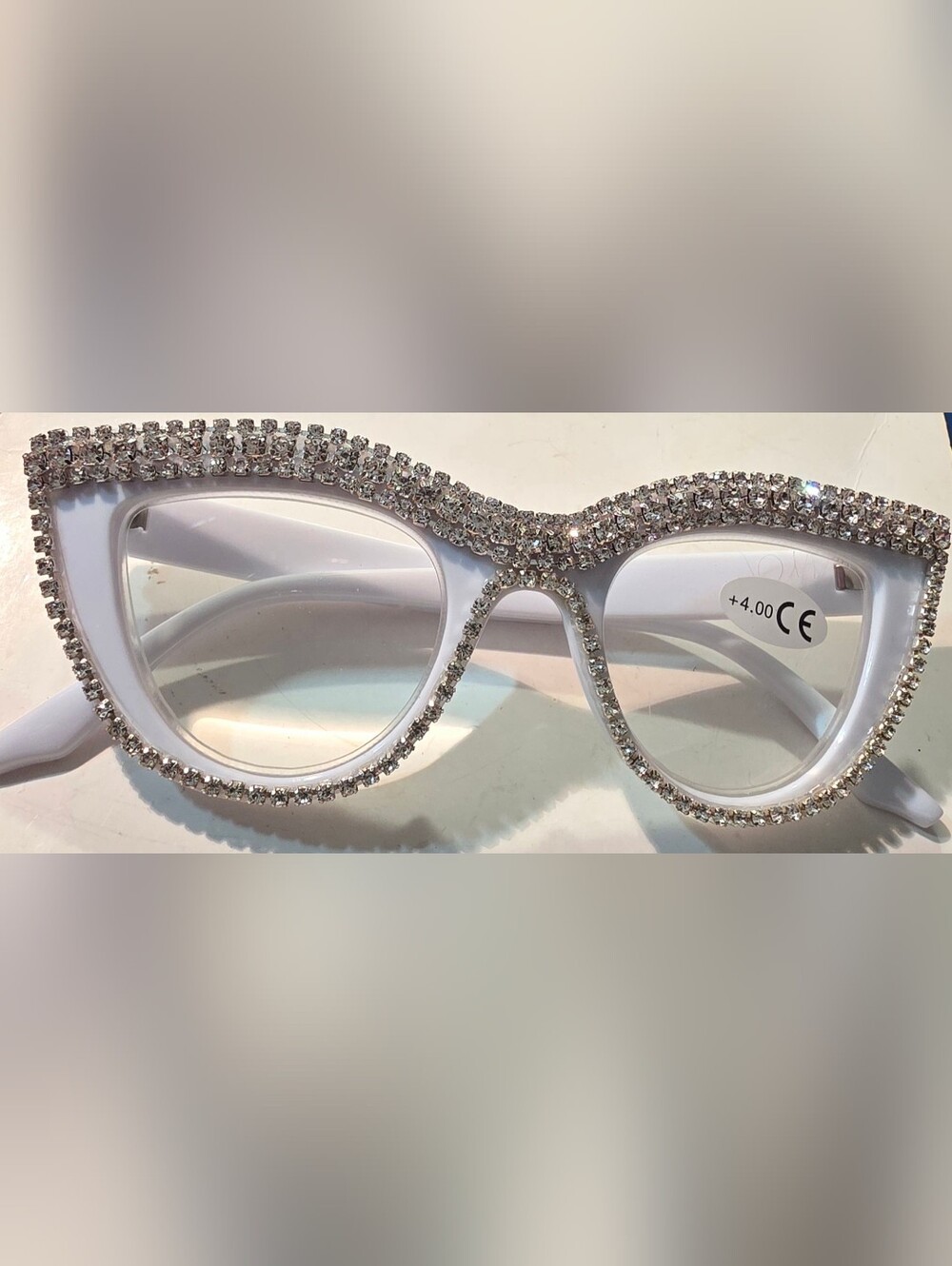 Rhinestone Embellished Cat Eye Reading Glasses - White
